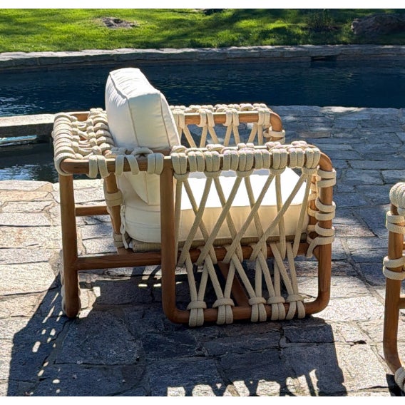 Contemporary Organic Modern Rope & Solid Teak Lounge Chair With Ivory Cushions For Sale - Image 3 of 3