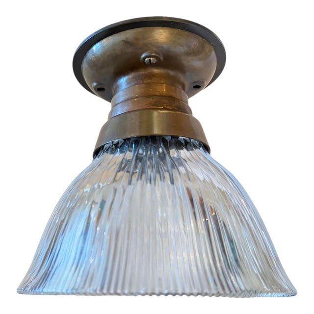 Mid 20th Century Screwtop Bronze Ceiling Light With Ribbed Halophane Glass For Sale