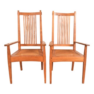 Stickley Style Arts & Crafts Teak and Cane Armchairs, Pair For Sale