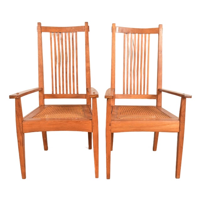 Stickley Style Arts & Crafts Teak and Cane Armchairs, Pair For Sale
