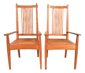 Stickley Style Arts & Crafts Teak and Cane Armchairs, Pair