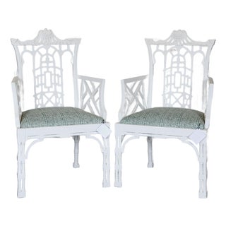 Mid 20th Century Pair of White Gesso Chinese Chippendale Armchairs For Sale