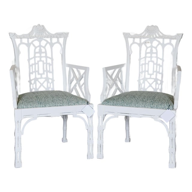 Mid 20th Century Pair of White Gesso Chinese Chippendale Armchairs For Sale