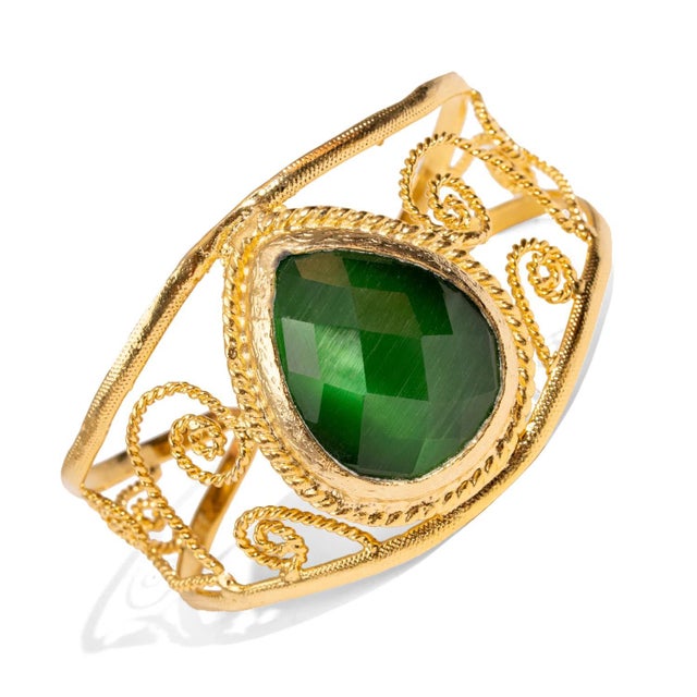 Green Green Cat Eye Chunky Cuff Bracelet For Sale - Image 8 of 9