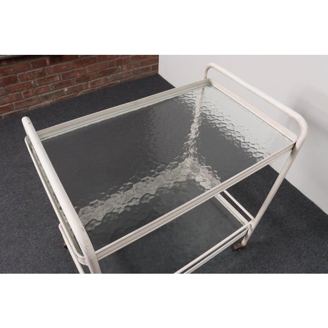 White Vintage Tamiami Two Tier Glass and White Enamel Metal Bar Cart by Brown Jordan For Sale - Image 8 of 16