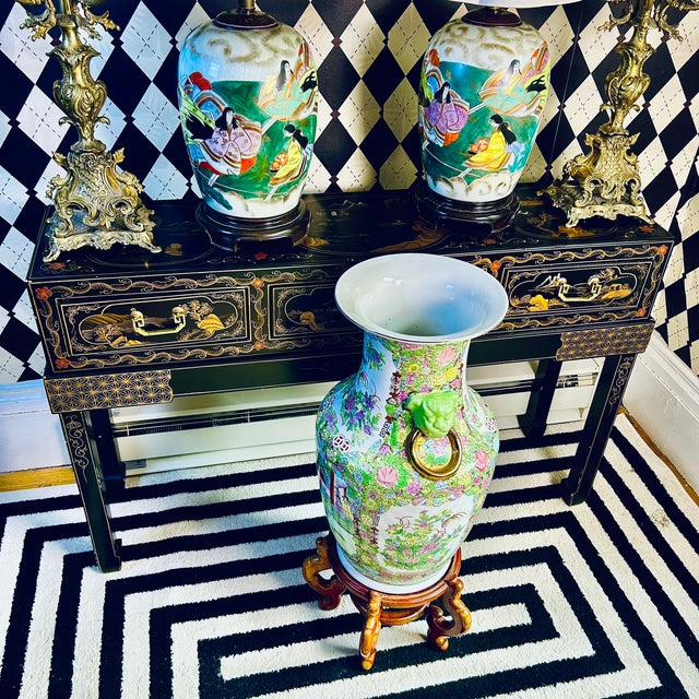 Chinese Famille Rose Floor Vase With Celadon Foo Dog Mask Handles, 24" For Sale - Image 4 of 12