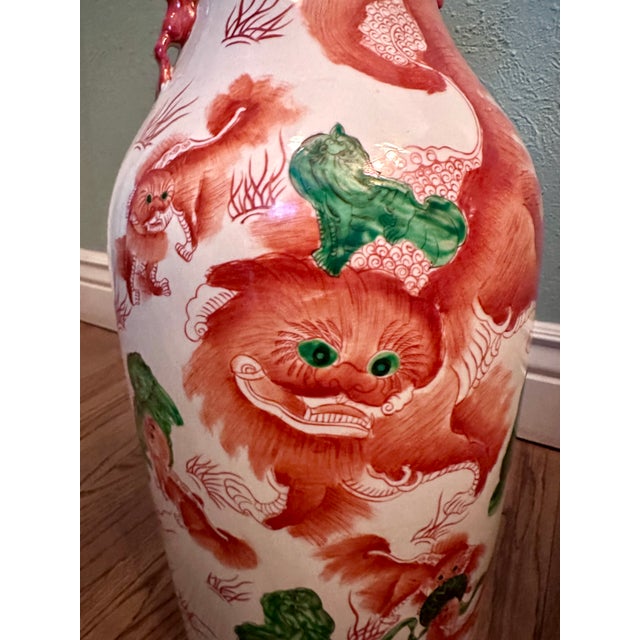 Vintage Tall Chinese Porcelain Vase With Foo Dog Motif, a Pair For Sale - Image 14 of 17