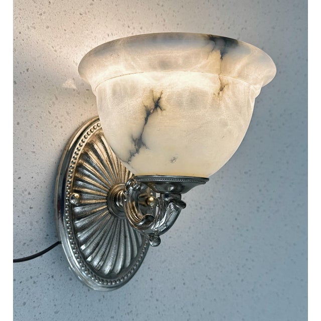 Alabaster Pair Silver Nickel Alabaster Sunburst Wall Sconces For Sale - Image 8 of 18