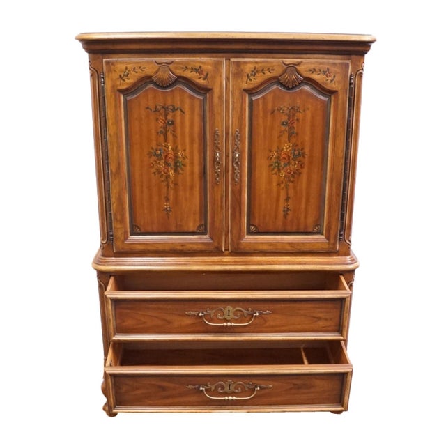 Brown Drexel Heritage Brittany Collection Solid Pecan Country French Style 41" Door Chest W. Floral Accents 202-420 For Sale - Image 8 of 18