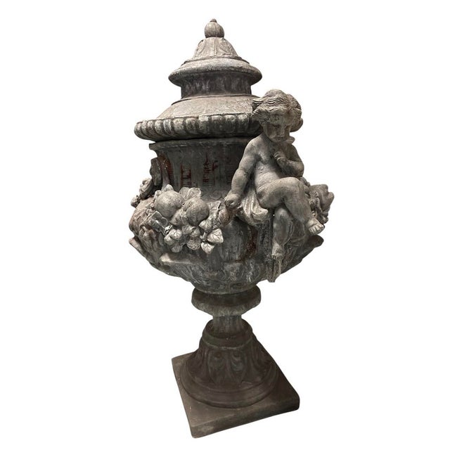 English A Pair of Monumental 19th-Century Style English Cast Lead Garden Urns With Lids & Putti For Sale - Image 3 of 12