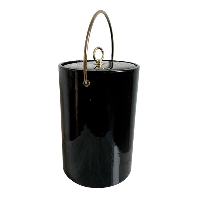 Mid-Century Modern Black Vinyl & Brass Standing Ice Champagne Bucket For Sale