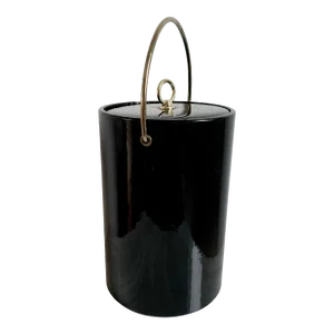 Mid-Century Modern Black Vinyl & Brass Standing Ice Champagne Bucket