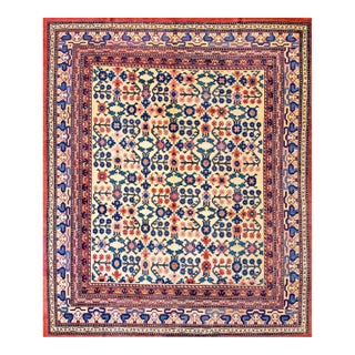 1850s Orange Apricot Flowers Antique Central Asian Yarkand Rug 8' 3"x 9' 8" Handknotted Wool Carpet For Sale