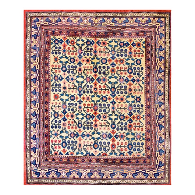 1850s Orange Apricot Flowers Antique Central Asian Yarkand Rug 8' 3"x 9' 8" Handknotted Wool Carpet For Sale