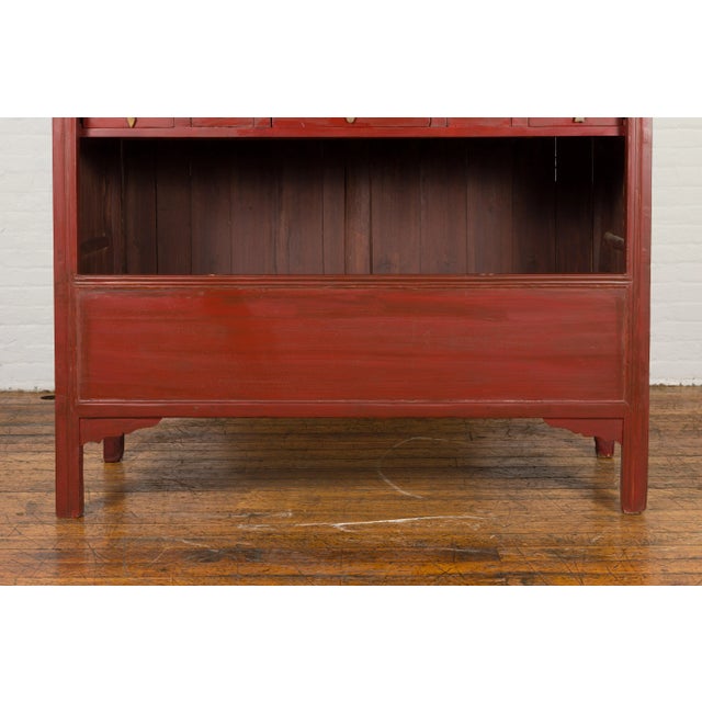 Chinese Early 20th Century Red Lacquered Display Cabinet with Three Drawers For Sale - Image 12 of 13