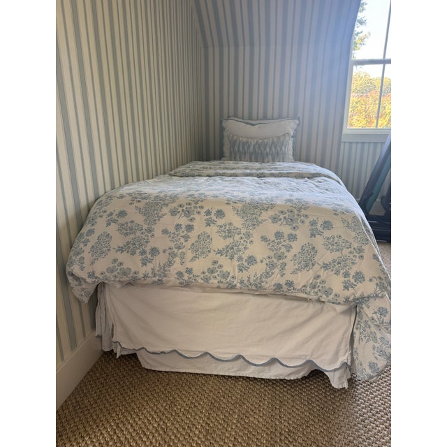 2020s Set of 2 Ballard Designs Emma Scalloped Bed Skirts in White/Cornflower Trim For Sale - Image 5 of 8