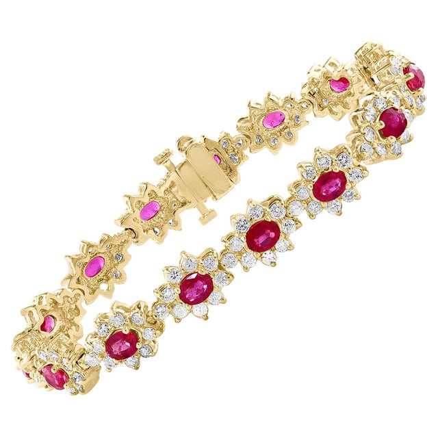 7 Carat Oval Cut Natural Ruby & Diamond Tennis Bracelet 14kt Yellow Gold 24.5 G For Sale - Image 15 of 18
