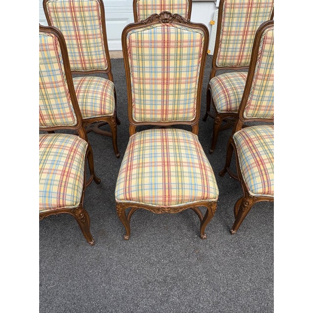 Brown Vintage French Style Wood and Plaid Upholstered Dining Chairs- A Set of 6 For Sale - Image 8 of 11