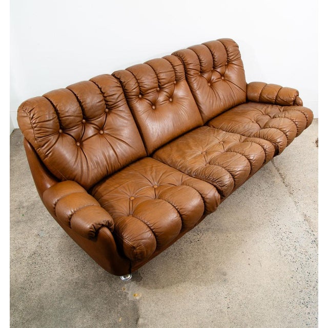 Mid Century Danish Modern Sofa Couch Brown Caramel Leather Tufted 1970s