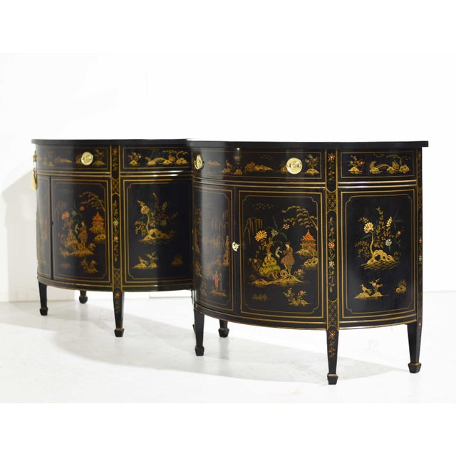 Mid Century French Chinoiserie Leather Top DemiLune Commode - A Pair For Sale - Image 4 of 14