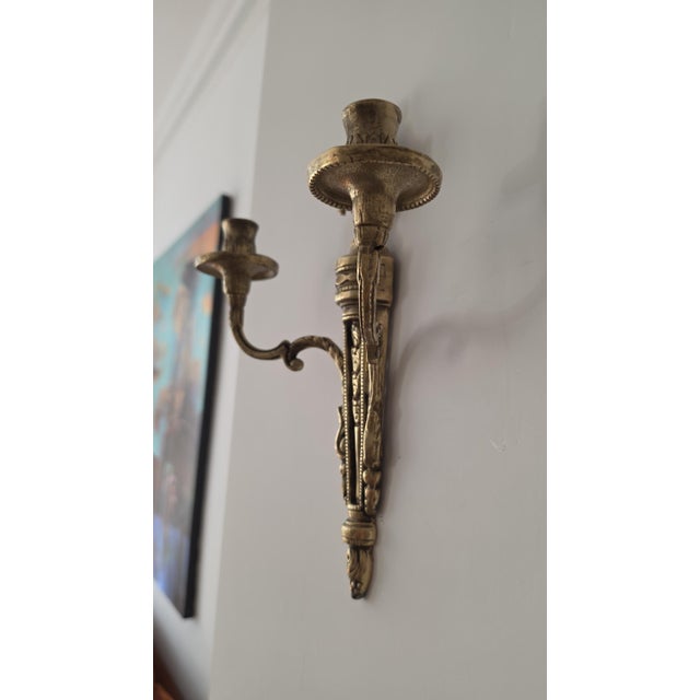 Pair Vintage Bronze Wall Candle Sconces, French Regency Style Candelabra, Hollywood Regency Brass Wall Decor, Neoclassical Candle Holders For Sale - Image 12 of 14