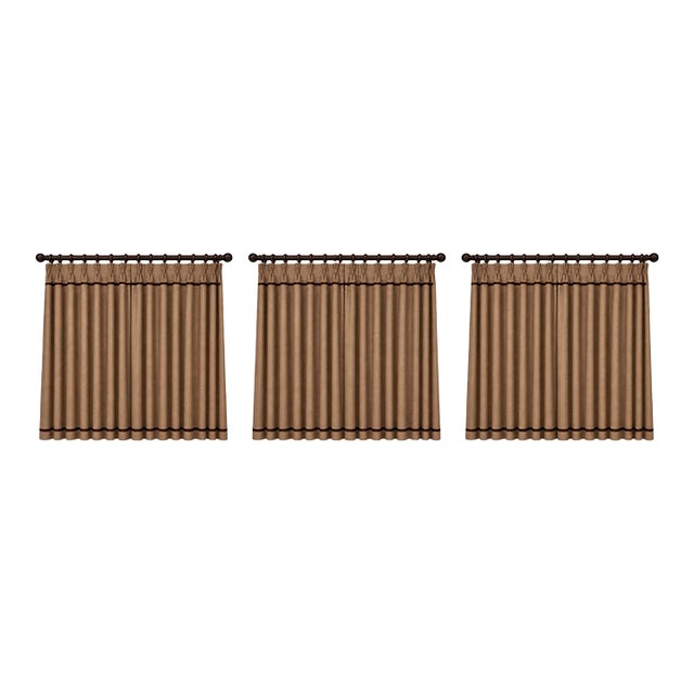 Set of 6 Custom Interlined Taupe Drapery Panels With Black Trim – 90” For Sale