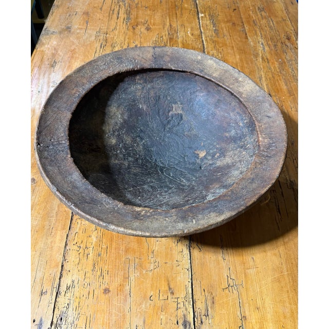Antique Primitive Hand-Carved Wooden Bowl With Original Hanging Handle and Folk Art Repairs For Sale - Image 4 of 12