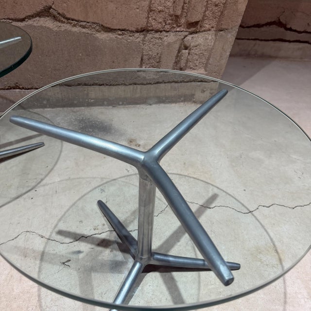 For your consideration, Midcentury Modern aluminum tripod side tables, Attributed the "Bob" model designed by Pearson...