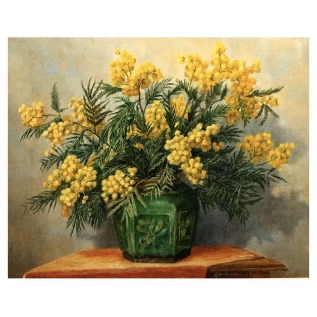 Mimosa in a Pottery Vase, Oil on Canvas, Framed For Sale - Image 5 of 6