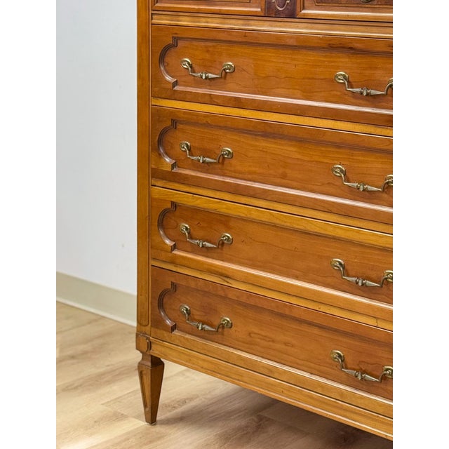 Wood Vintage Thomasville Transitional Tallboy Dresser, Burlwood Accents, MCM Casegood For Sale - Image 7 of 18