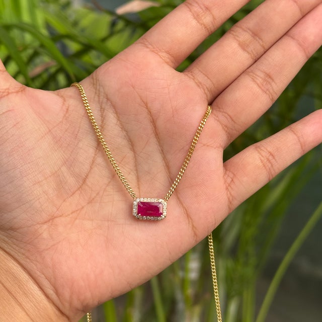 Ruby Red East West Set 1.58 Ct Ruby Birthstone Necklace With Diamonds in 14k Gold- 16 Inch For Sale - Image 8 of 14