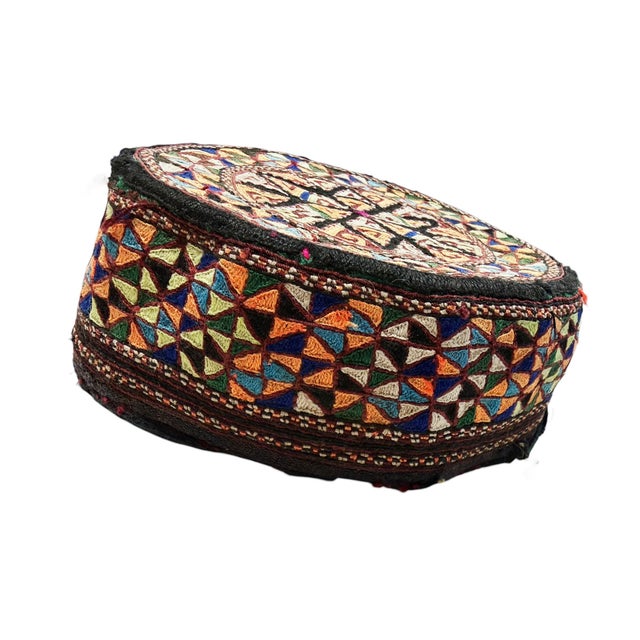 Tribal mid-1900s Central Asian hand-made Afghan-Turkmen cap, meticulously hand-embroidered by local women with silk and...