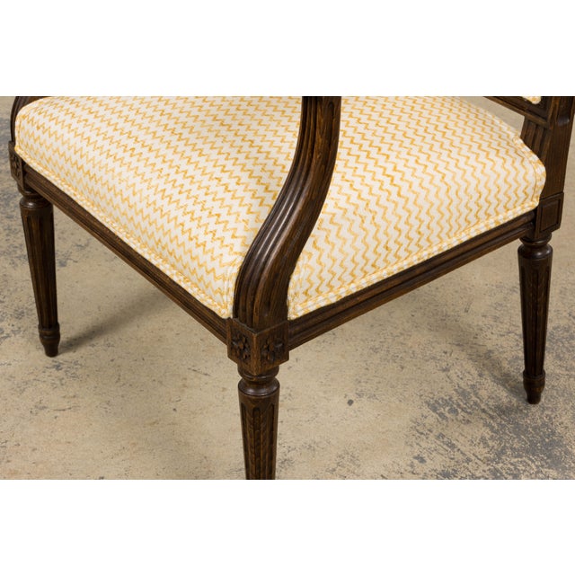Antique French Louis XVI Style Walnut Armchairs in Yellow Linen - A Pair For Sale - Image 17 of 18