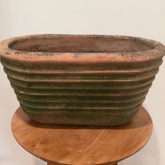 Vintage Large Rustic Oval Terracotta Wide - Ribbed Oval Planter With Natural Patina For Sale - Image 4 of 12