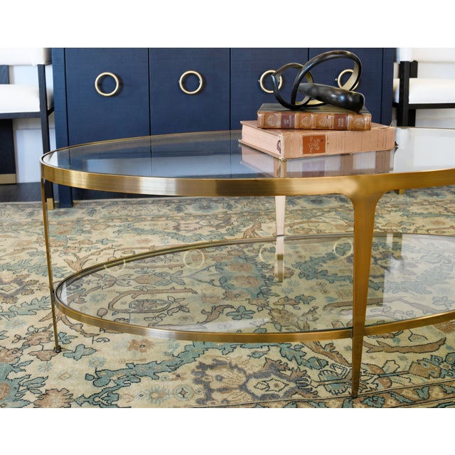 2020s Matthew Izzo Home Brando Antique Brass Two Tier Oval Coffee Table With Glass Tops For Sale - Image 5 of 9