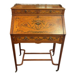 Sheraton Revival Satinwood Painted Ladies Bureau, 1900 For Sale