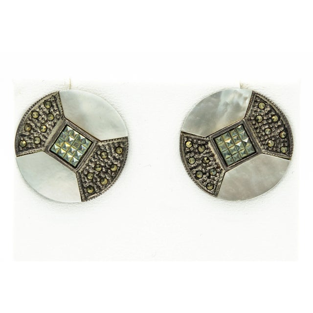 Art Deco Style Marcasite Mother of Pearl Sterling Silver Brooch Earrings Suite - 3 Pieces For Sale In Miami - Image 6 of 8