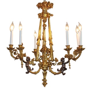 Late 19th Century French Belle Epoque Bronze Putti Cherub 9 Light Chandelier For Sale