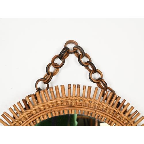 Brown Round Rattan and Bambo Mirror with Chain attributed to Franco Albini, Italy, 1960s For Sale - Image 8 of 13