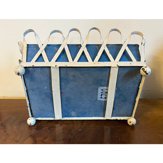 Metal 1930's White Painted Zinc Basketweave Cachepot Planter or Jardiniere With Blue Tole Liner on Ball Feet For Sale - Image 7 of 14
