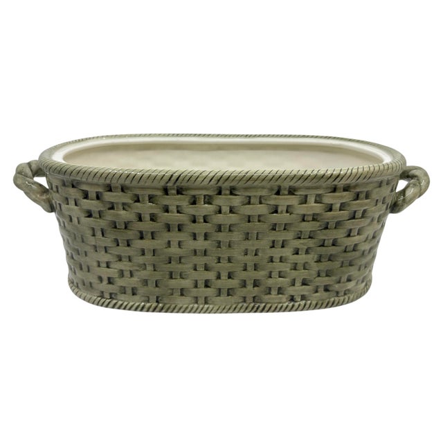 Vintage Basketweave Green Cachepot / Decorative Bowl With Handles For Sale - Image 4 of 8