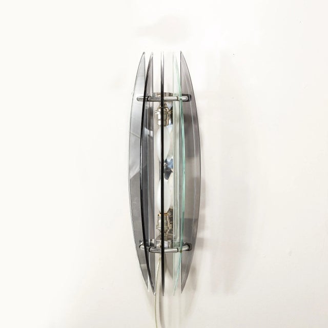 Pair of Mid-Century Modernist Curved Smoked Glass & Chrome Sconces by Veca For Sale - Image 10 of 12