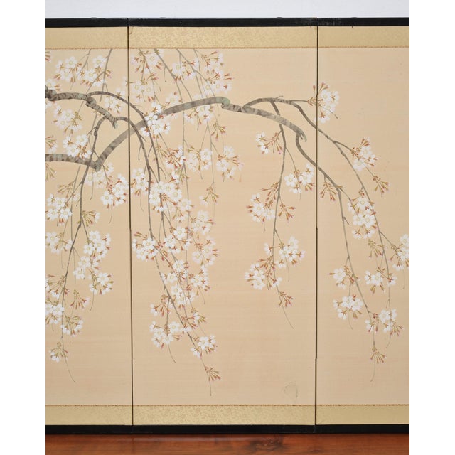 Wood Japanese Showa Four Panel Screen Flowering Cherry Blossom For Sale - Image 7 of 18