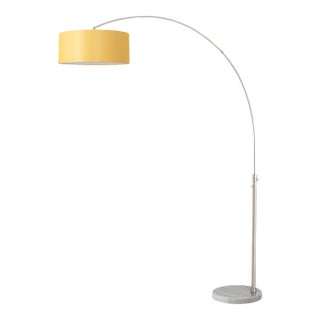 1960s 92" Mid Century Morelli Float Floor Lamp -Satin Nickel Finish, Mustard Linen Shade, White Marble Base, Dimmable For Sale
