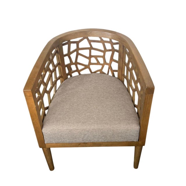 A Pair Mid-Century Modern Inspired Teak Fretted Barrel Tub Chairs For Sale In West Palm - Image 6 of 12