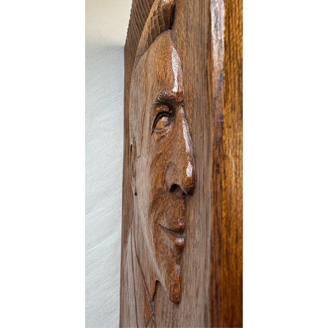 Mid 20th Century Vintage Gentleman Profile Bas-Relief Portrait in a Wood Carved Plaque Wall Hanging For Sale - Image 5 of 9