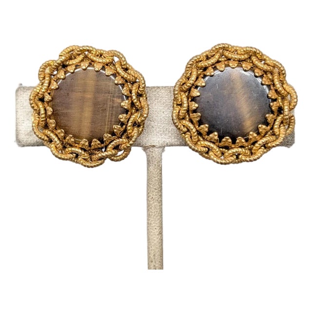 Vintage 1960s Signed Miriam Haskell Goldtone Faux-Tiger's Eye Clip Earrings-2 Pieces For Sale