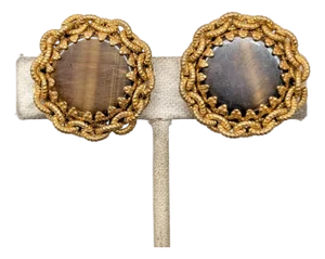 Vintage 1960s Signed Miriam Haskell Goldtone Faux-Tiger's Eye Clip Earrings-2 Pieces