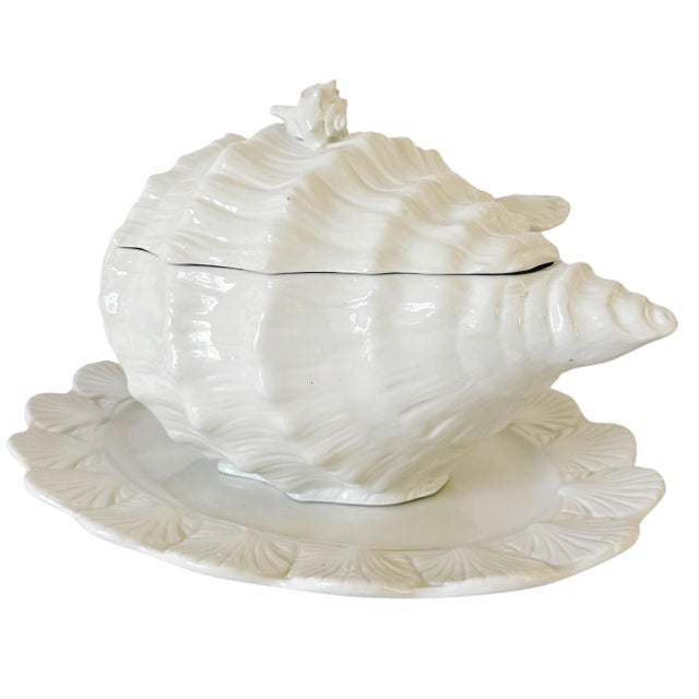 1970s Italian White Porcelain Conch Shell Tureen Set With Underplate & Ladle - 4 Pieces For Sale - Image 4 of 10