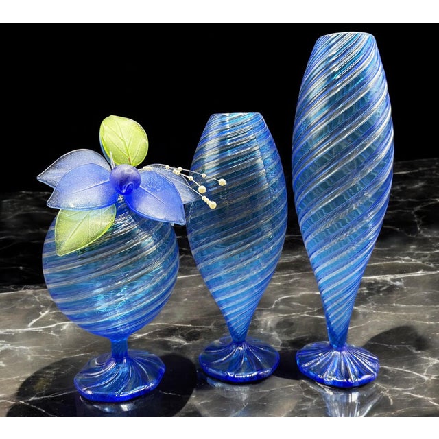 Blue Murano Glass Vases attributed to Novecento Venziano, 1970s, Set of 3 For Sale - Image 14 of 18